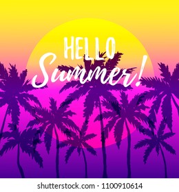 Hello Summer design with palm trees border on gradient ocean background. Place for text