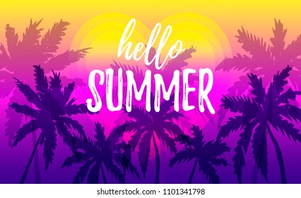 Hello Summer design with palm trees border on gradient ocean background. Place for text. Wallpaper 1080 x 1920 pixels