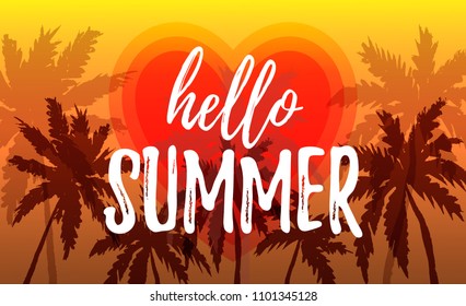 Hello Summer design with palm trees border on gradient ocean background. Place for text. Wallpaper 1080 x 1920 pixels