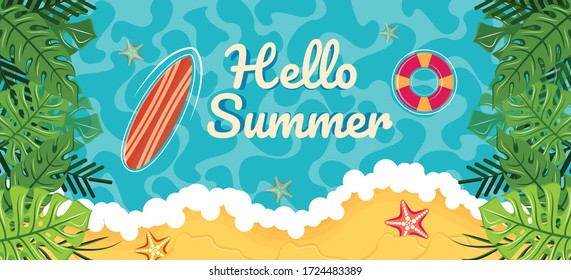 hello summer design with some flora elements, surf boards and buoys