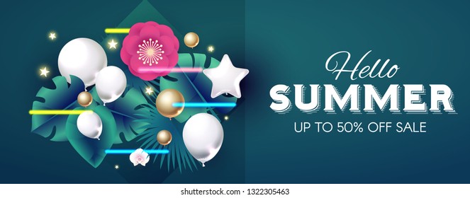 Hello, Summer Design Tempkate with Palm Leaves, Flowers, Realistic Fiol Balloons and Light Effect. Vector illustration