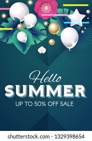 Hello, Summer Design Tempkate with Palm Leaves, Flowers, Realistic Fiol Balloons and Light Effect. Vector illustration