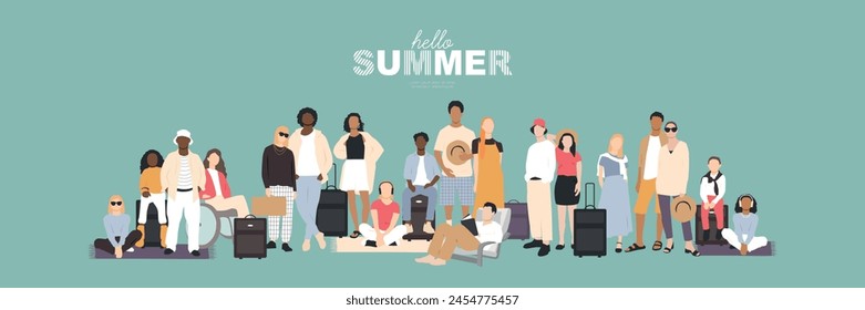 Hello Summer! Different people stand together with suitcases. Vacation concept.