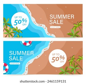 Hola etiqueta de la promoción del descuento del verano Vista superior de la playa soleada con las olas del océano, anillos inflables, cocoteros. Ilustración vectorial en estilo plano.