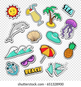 Hello Summer Doodle. Beach Vacation Stickers, Badges And Patches With Sun, Dolphin And Cocktail. Vector Illustration