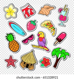 Hello Summer Doodle. Beach Vacation Stickers, Badges And Patches With Palm Tree, Parrot And Surf. Vector Illustration