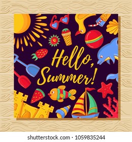 Hello summer doodle icons beach vacation icons colorful cute greeting card template