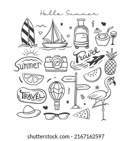 Hello summer doodle illustration element concept for travel or holiday background