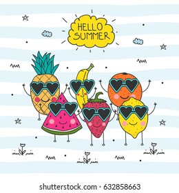 Hello Summer doodle illustration with hand drawn lettering and fruit cartoon characters - watermelon, lemon, pineapple, strawberry, banana and orange. Vector Illustration. Summer background.