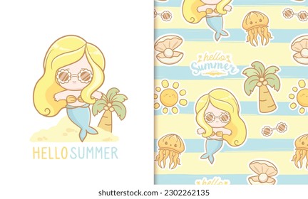 Hello summer doodle seamless pattern and card with cute mermaid and summer elements