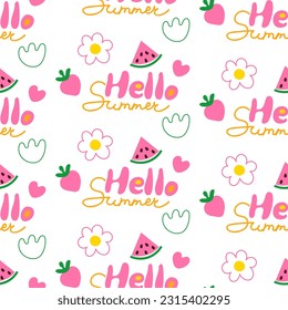 Hello summer doodle seamless pattern with hand drawn typography, strawberry, watermelon slice, flowers. Abstract childish print. Vector illustration