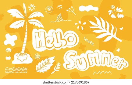 hola verano en el afiche estilo doodle. plantilla de diseño de verano