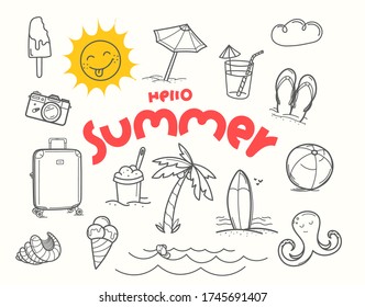 Hello summer doodle vector elements with lettering inscription