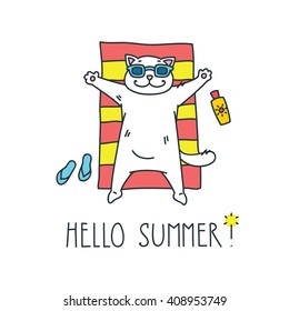 Hello summer! Doodle vector illustration of funny white cat sunbathing on a red and yellow striped beach towel