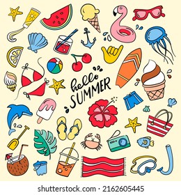 Hello Summer. Doodles colorful background. Contains such icons as bikini, ice cream, towel, flamingo, surfboard, and beach symbols