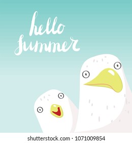 Hello Summer drawing with two seagulls looking into camera and a lettering.