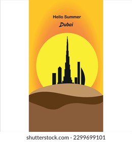 Hola verano en Dubai, hermosa puesta de sol, desierto, torre khalifa con paisaje urbano frente a la puesta de sol.