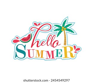 Hello Summer editable text effect template. Vector summer cards. Beautiful posters, stickers for kids t-shirts, rooms, or bedrooms. Backgrounds with summer fruits, tree. Hand-drawn letters.