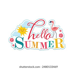 Hello Summer editable text effect template. Vector summer cards. Beautiful posters, stickers for kids t-shirts, rooms, or bedrooms. Backgrounds with summer fruits, tree. Hand-drawn letters.