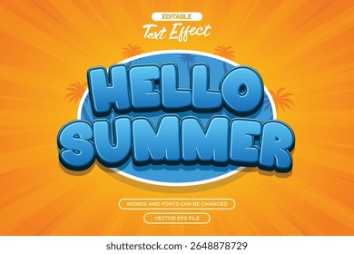 Hello summer editable text effect with 3d blue cartoon text and with orange comic background