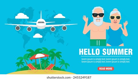 Hello summer, elderly couple travel concept design flat. Vector illustration