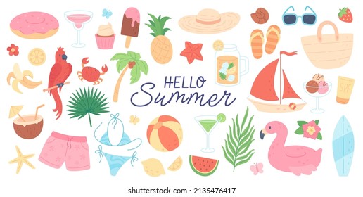 Hello summer elements, cute summertime stickers, tropical vacation icons. Watermelon, surf board, beach ball, flamingo swimming ring, boat, bikini, ice cream, summer holiday doodles vector set