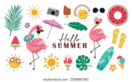 Hello summer elements icon clipart set. Summer tropical element with colorful clip art like flamingo, sun, floaters, umbrella sign and symbol collection vector illustration. 
