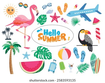 Hello summer elements icon clipart set. Summer tropical element clip art like flamingo, airplane, watermelon, toucan and coconut tree colorful objects collection vector illustration. 