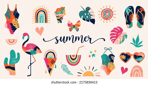 Hallo Sommer, Sommerelemente und Illustrationen in lebhaften Farben. Vektorgrafik