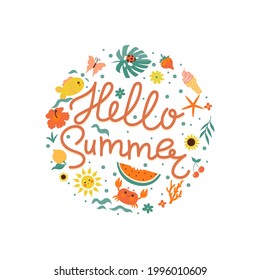 Hello summer emblem with summer elements. Vector graphics.