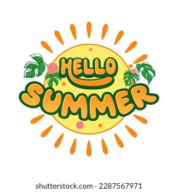 Hello summer emblem with tropical leaves and sun