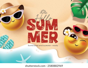 Hello summer emoji clipart design. Summer greeting text with cute emoji characters wearing hat and sunglasses in top view seashore beach background. Vector illustration sunny day emoticon clip art.
