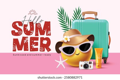 Hello summer emoji clipart design. Summer greeting text with cute emoji character and beach elements like luggage, camera and sunblock for tour vacation holiday. Vector illustration tropical season 