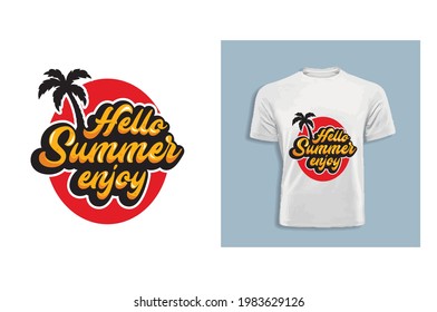 Hello summer English typography with palm tree t-shirt design