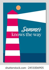 Hello summer. Enjoy summer. Summer card or poster concept in flat design. Stylized illustration of a lighthouse in geometric style. Vector illustration.
