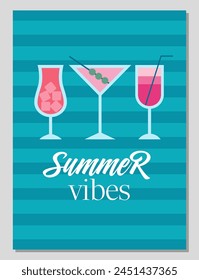 Hello summer. Enjoy summer. Summer card or poster concept in flat design. Stylized cocktail illustrations in geometric style. Vector illustration.
