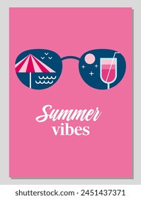 Hello summer. Enjoy summer. Summer card or poster concept in flat design. Stylized illustration of reflection in glasses in geometric style. Vector illustration.
