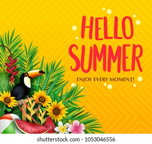 Hello Summer Enjoy Every Moment Poster with Toucan, Palm Tree Leaves, Sunflowers Beach Ball and Watermelon in Yellow Otange Gradient Backgroun with Pattern. Vector Illustration