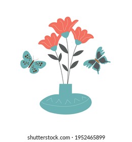 Hello summer. Ethnic vase with flowers and butterflies flying around. Vector illustration on white background.