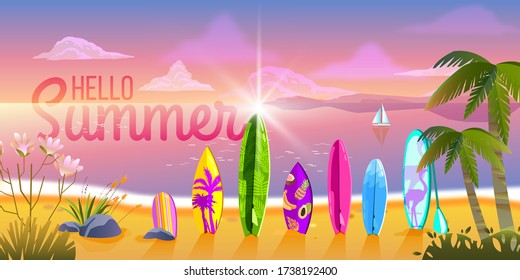 Hello summer evening banner with ocean, beach, surfboards, palm trees, exotic plants. Tropical seascape with sunset, flare, pink sky, clouds. Paradise vacation banner with sand, violet water, foam