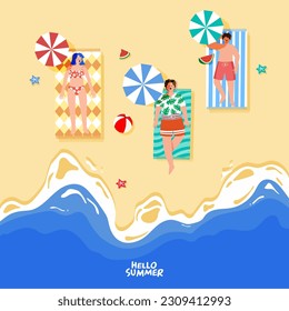 hello summer event illustration. Banner, human on the beach, beach background and wave.