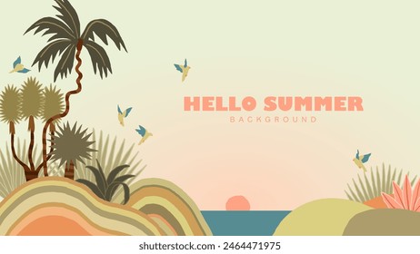 Hello summer, exotic background with palms and sea. Tropical botanical design for hotel, spa, travel agency	
