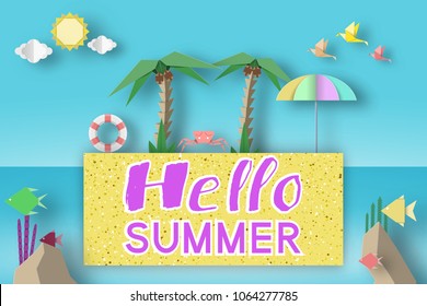 Hello Summer Fancy Origami Paper Symbols, Sign, Elements with Phrase Illustrate the Greeting of the Fun Summertime Season. Trendy Background, Banner, Card, Poster. Vector Illustrations Art Design.