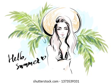 Hello summer fashion illustration. Beautiful young girl in hat and swimwear on the beach. Palm tree, sea and blue sky background. Hand drawn sketch.