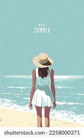 Hello Summer fashion poster, card, illustration with beautiful young woman in summer dress and hat looks dreamily at the sea, standing on the sand at the water's edge. Summer holiday, travel, vacation