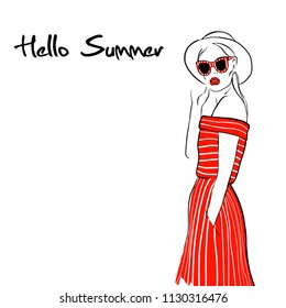 Hello summer Fashion Sketch Woman with hat, red striped dress and sunglasses. Hand drawn beautiful young girl model, Fashion, style, youth, beauty, Beautiful woman, elegant lady, stock vector