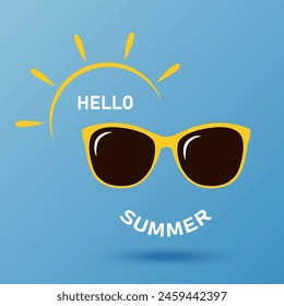 Hello summer, fashionable yellow sunglasses on blue background, summer sun, vector illustration.