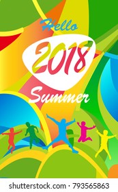 Hello Summer Festival 2018 music, jazz, pop, disco, dance, club, Holiday colorful modern poster, flyer, brochure cover layout set. Abstract composition geometric dynamic shapes modern design template