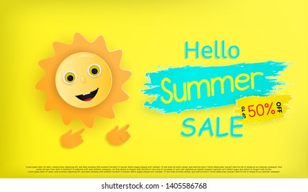 Hello summer festivals and a cartoon sun is smiling. And held banner to welcome the upcoming summer. and colorful design and a work of origami or paper cut