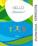 Hello Summer festive background, cover brochure with group kids jumping on abstract colorful sea background. Rio Summer Games, 2023 Brazil. Rio Vector Sport Camp for Art, Print, Web design advertising